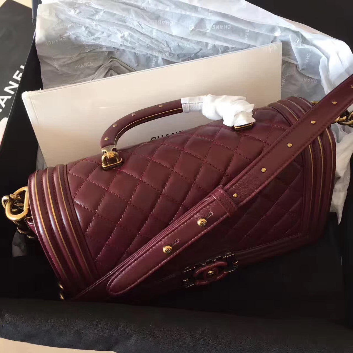 Ch**el Boy Bag with Wine Red 25cm