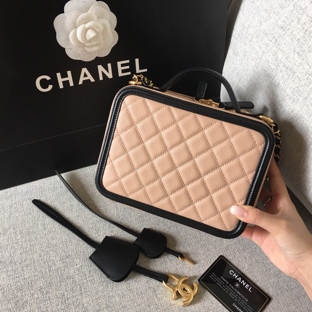 Ch**el medium Caviar Vanity bag pink and black