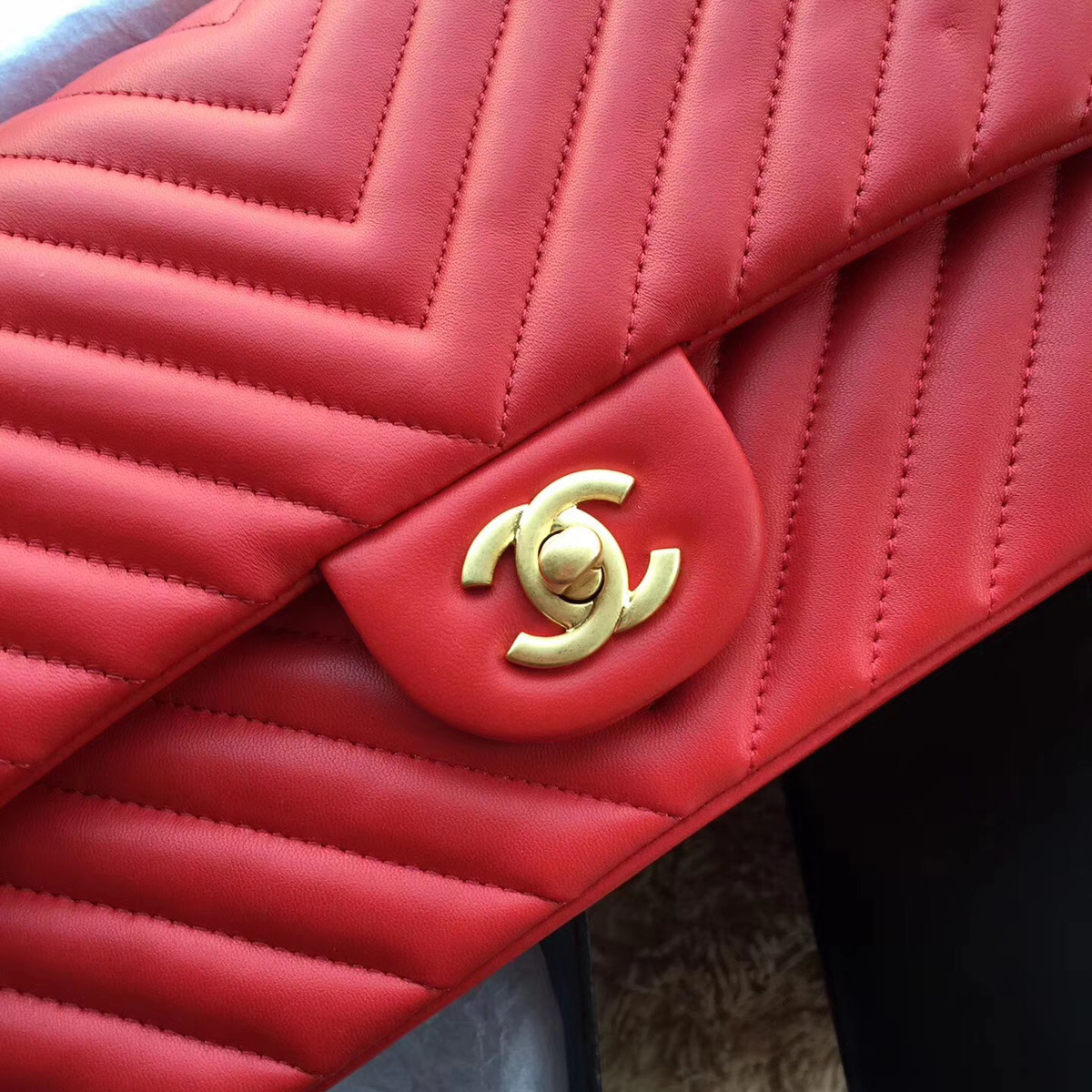 Ch**el Flap Red Chevron Lambskin 25CM With Gold Hardware