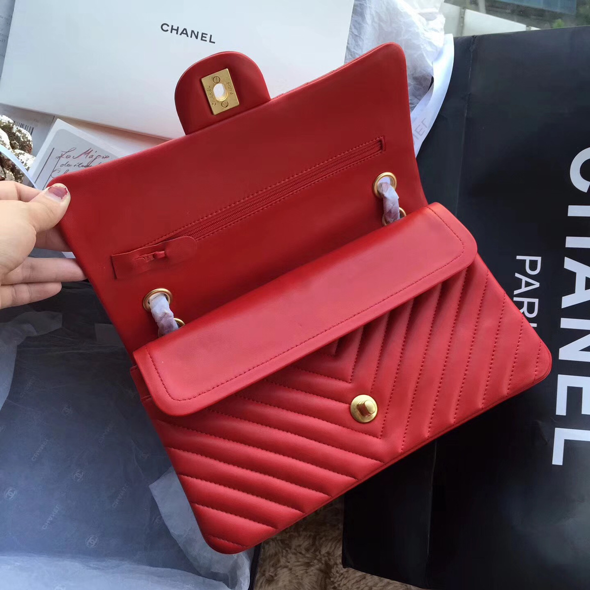 Ch**el Flap Red Chevron Lambskin 25CM With Gold Hardware