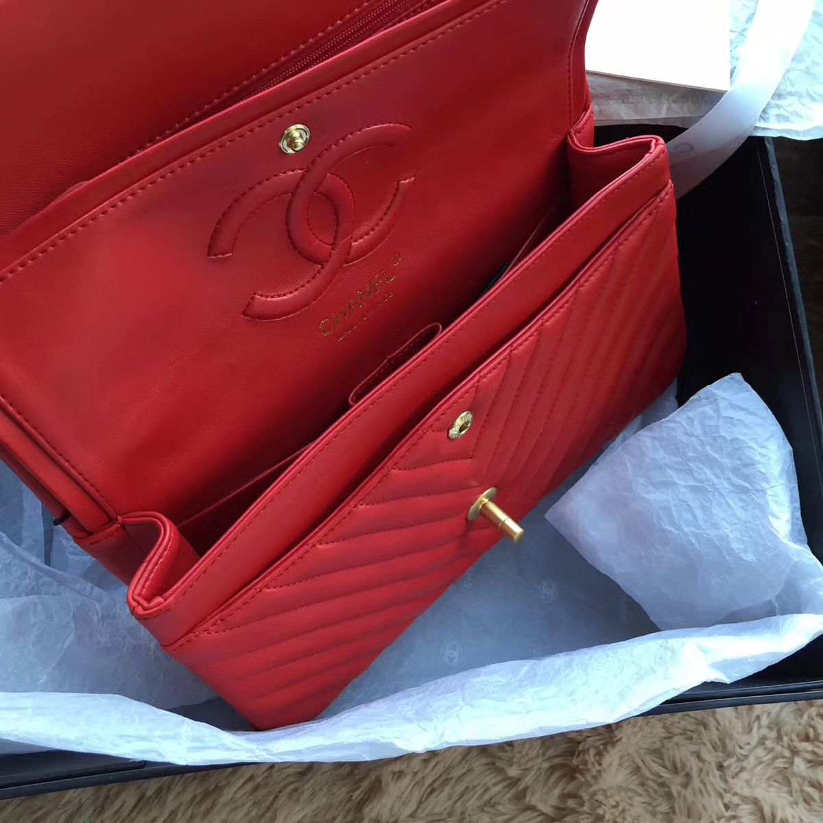 Ch**el Flap Red Chevron Lambskin 25CM With Gold Hardware