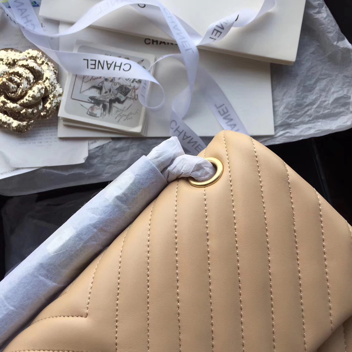 Ch**el Flap Apricot Chevron Lambskin 25CM With Gold Hardware