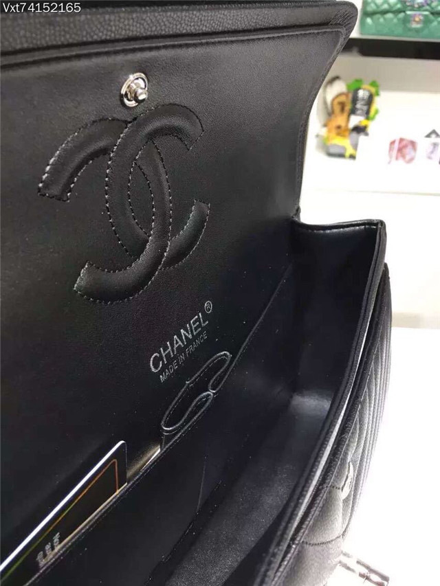 Ch**el Flap Black Chevron Caiar 25CM With Silver Hardware