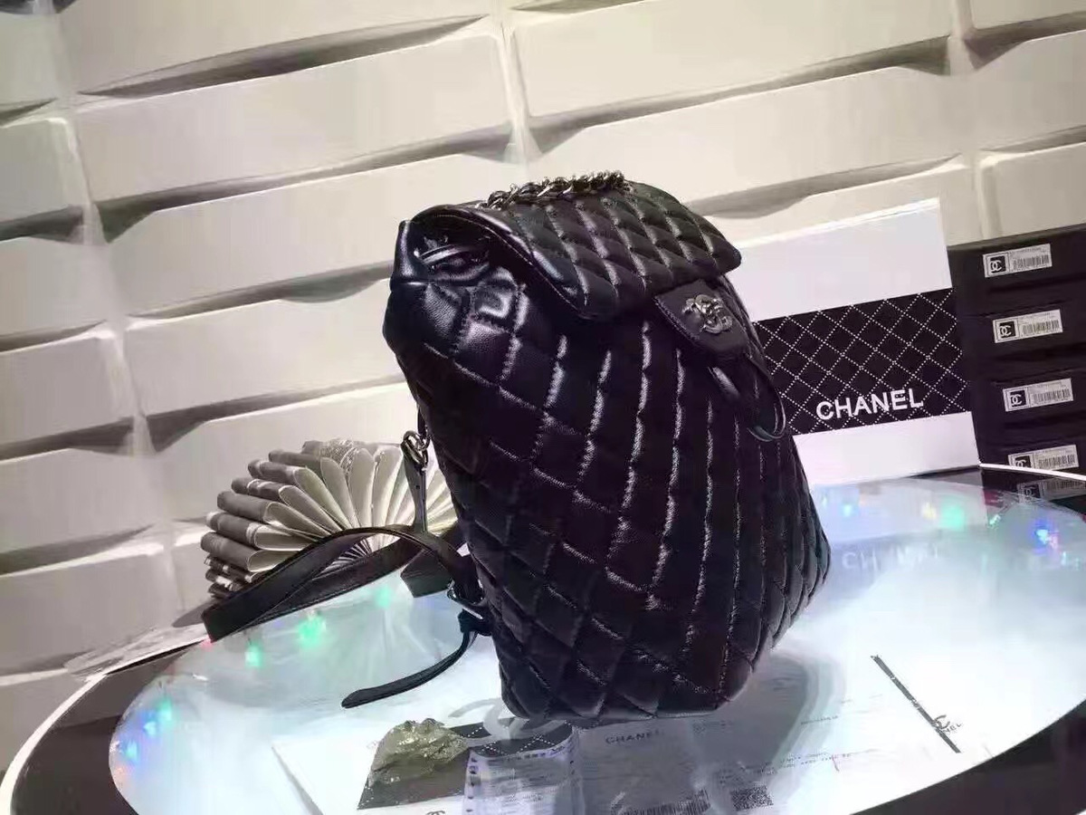 Ch**el Lambskin Backpack Black Silver Hardware 