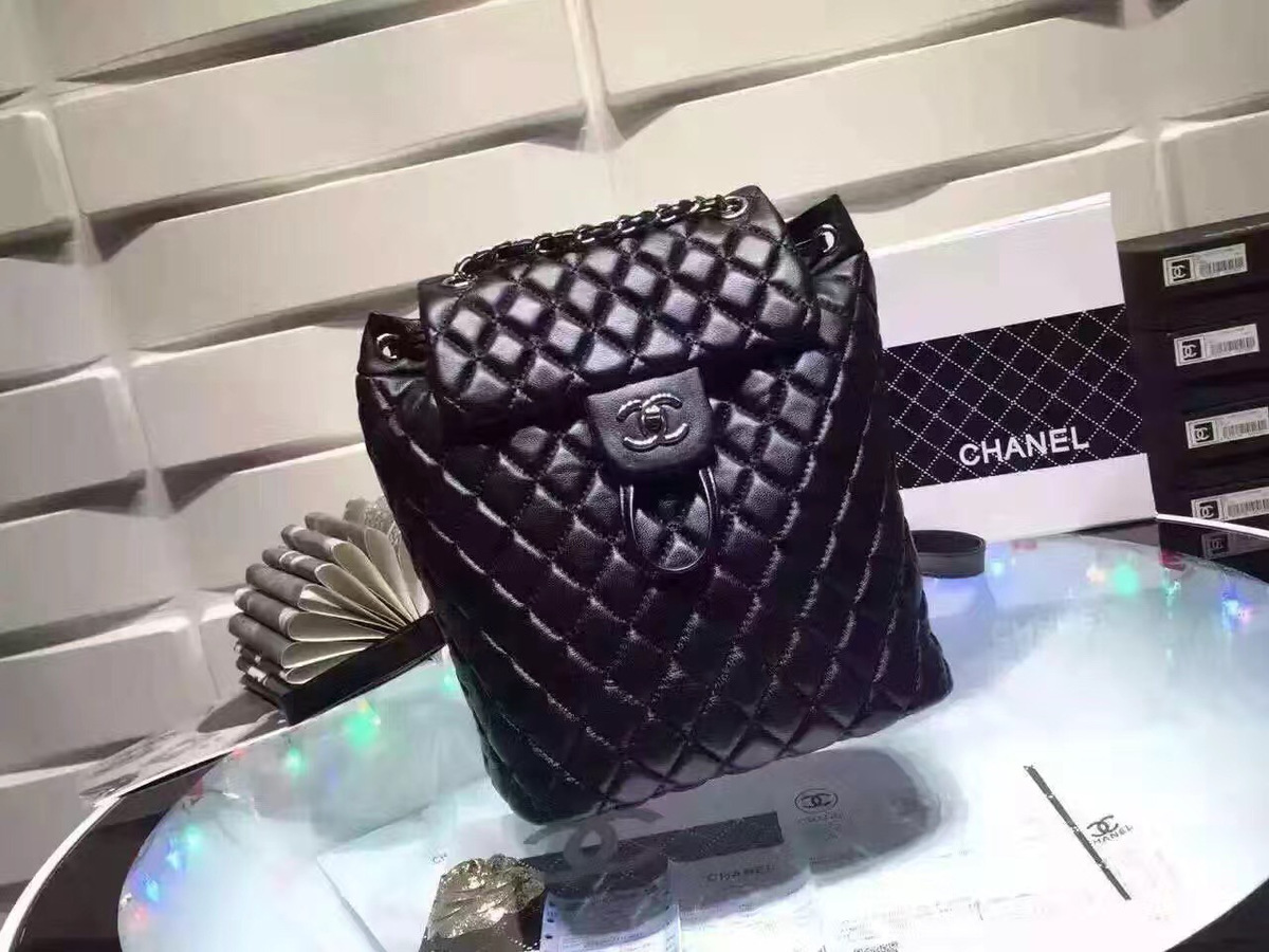 Ch**el Lambskin Backpack Black Silver Hardware 