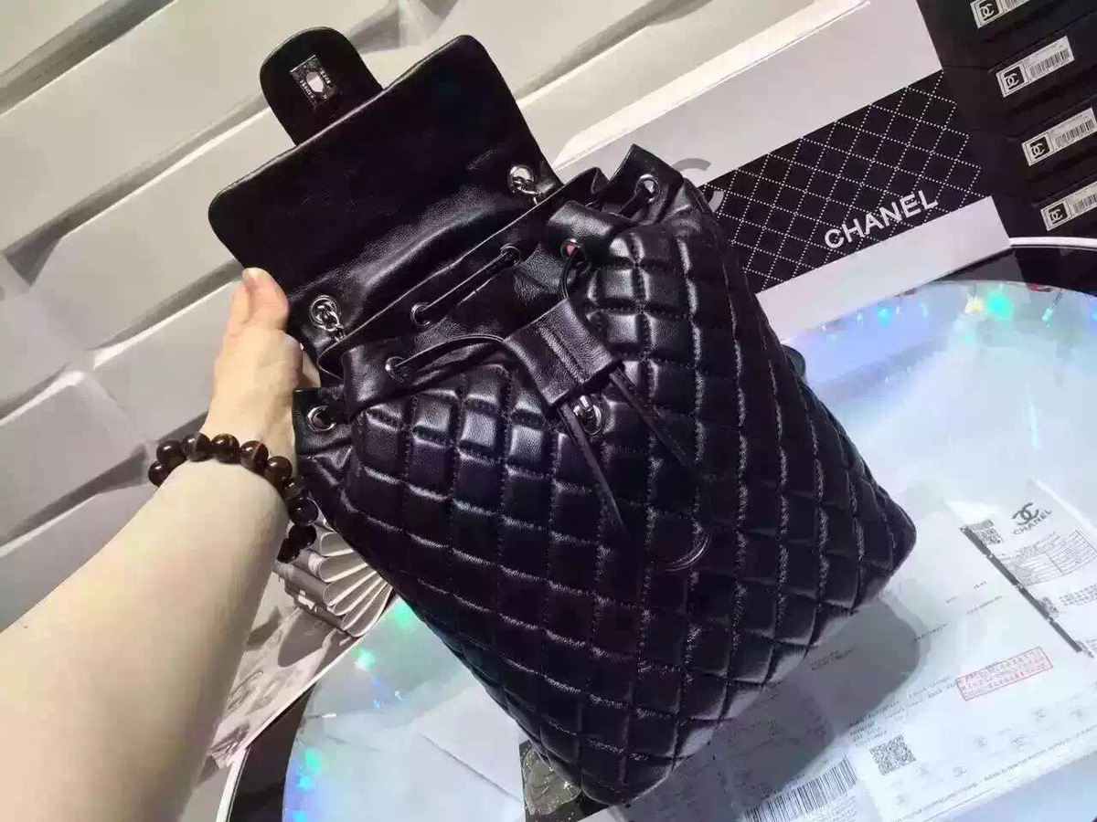 Ch**el Lambskin Backpack Black Silver Hardware 