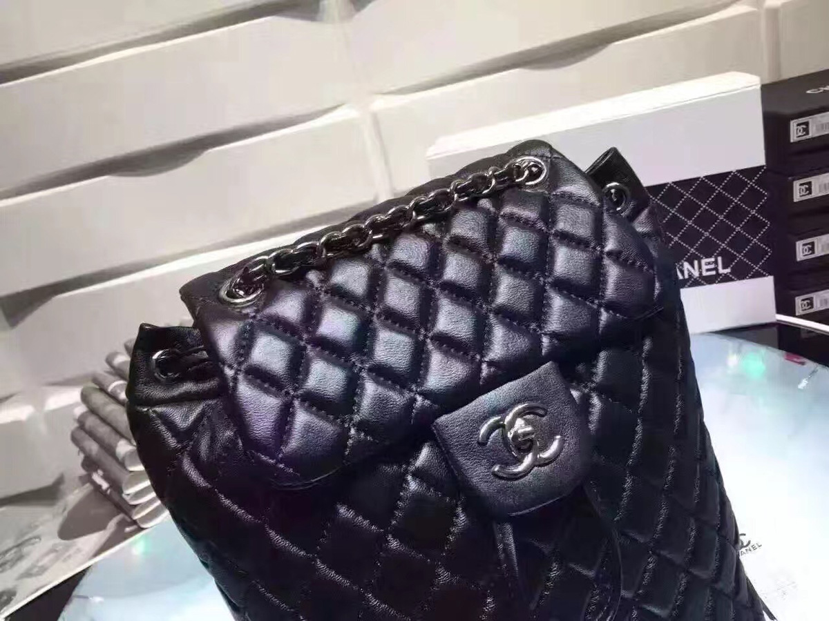 Ch**el Lambskin Backpack Black Silver Hardware 