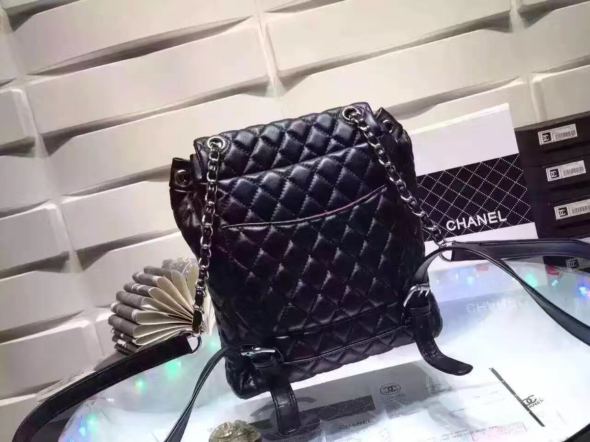 Ch**el Lambskin Backpack Black Silver Hardware 