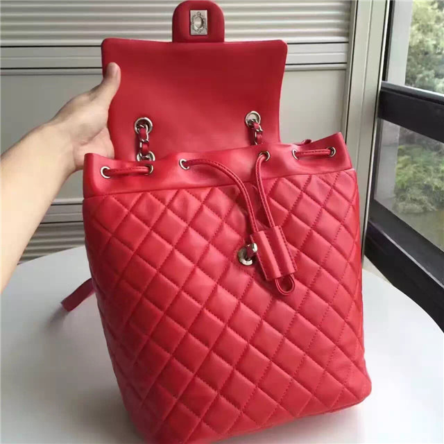 Ch**el Lambskin Backpack Red Silver Hardware P1200