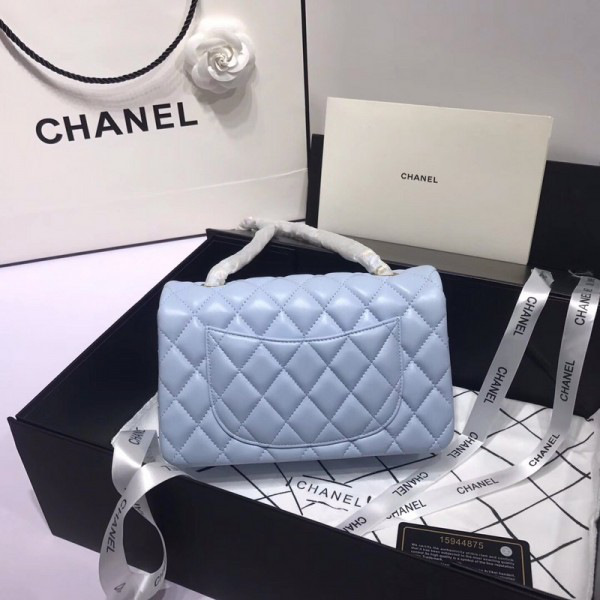 Ch**el Flap Bag Lambskin Light Blue with Gold Hardware 20CM