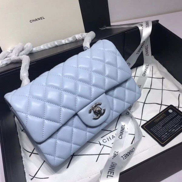 Ch**el Flap Bag Lambskin Light Blue with Silver Hardware 20CM