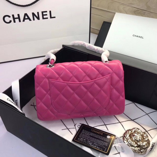 Ch**el Flap Bag Lambskin Rose Red with Silver Hardware 20CM