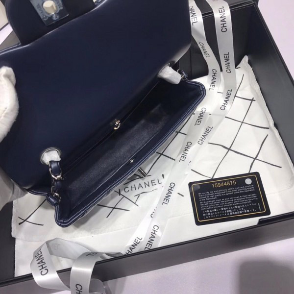 Ch**el Flap Bag Lambskin Navy Blue with Silver Hardware 20CM