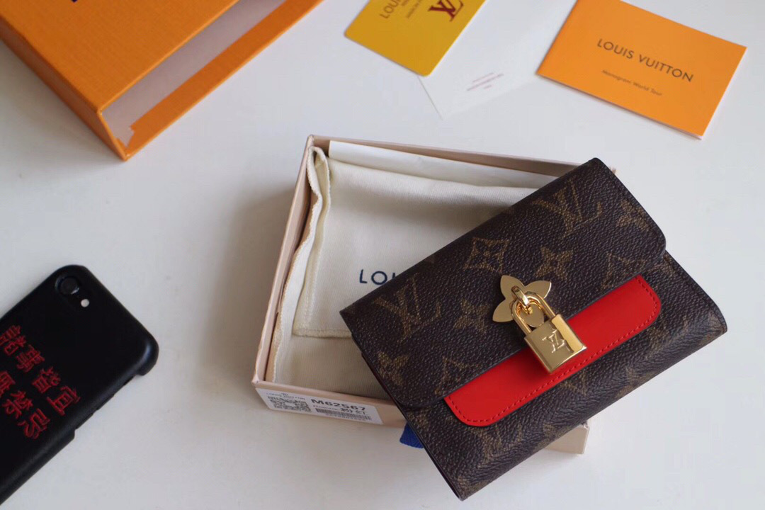L0vis Vvtt0n Flower Compact Monogram Unisex Wallets with Red 