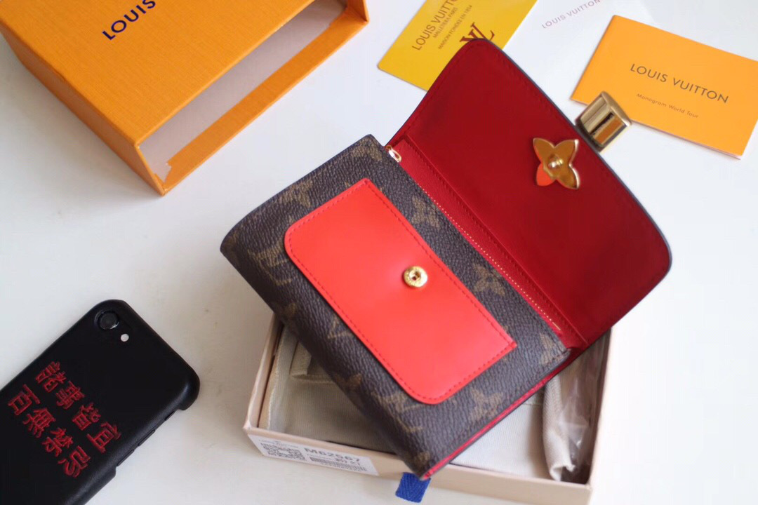 L0vis Vvtt0n Flower Compact Monogram Unisex Wallets with Red 