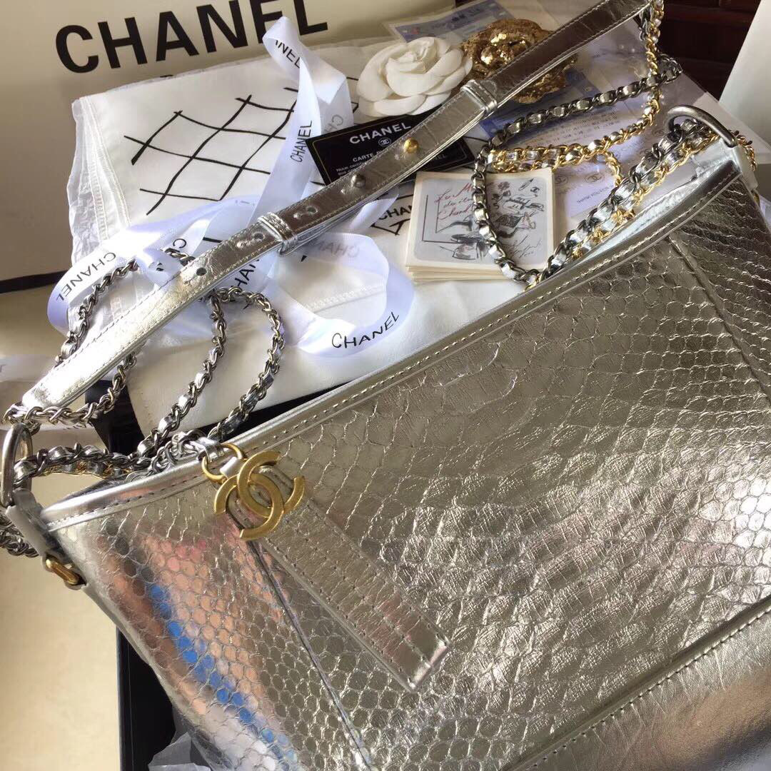 Ch**el Gabrielle Snakeskin small hobo bag Silvery 20cm