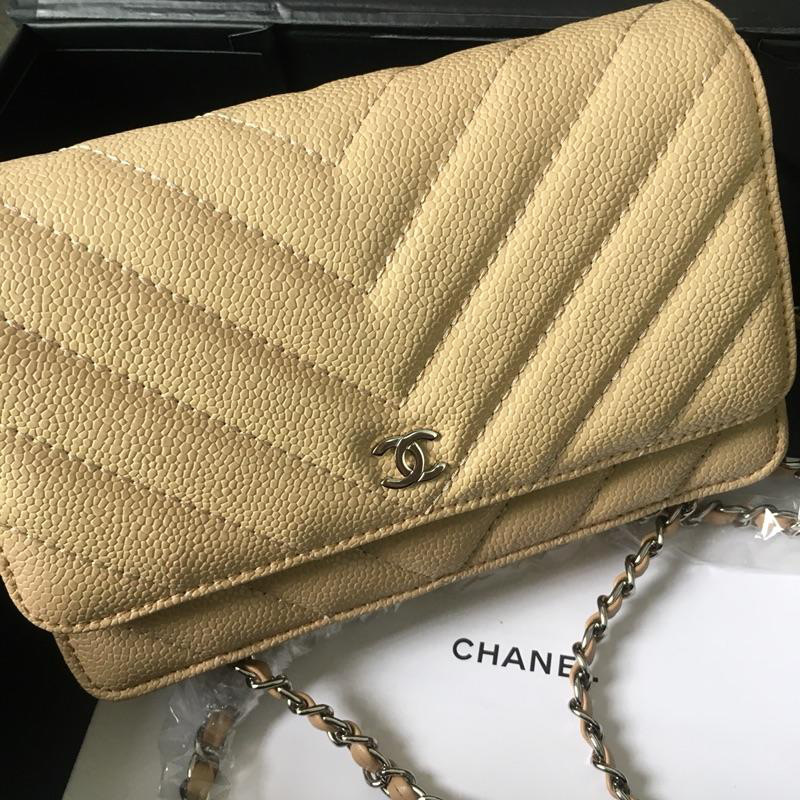 Ch**el Flap Bag Calfskin Leather Apricot with Silver Hardware