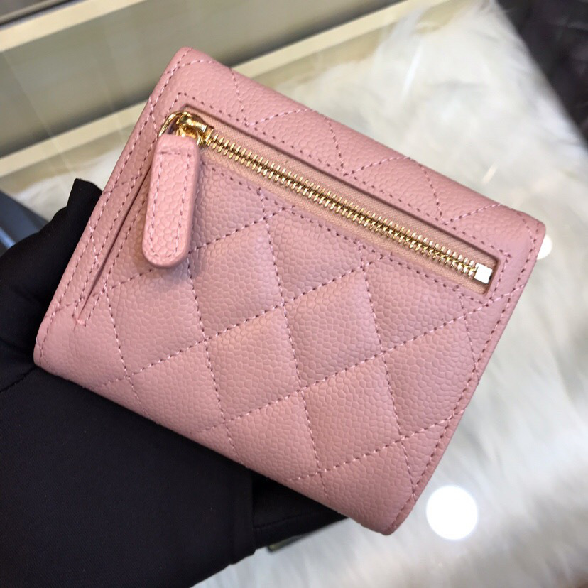 Ch**el Calfskin Leather Plain Folding Pink Wallets with Gold Hardware