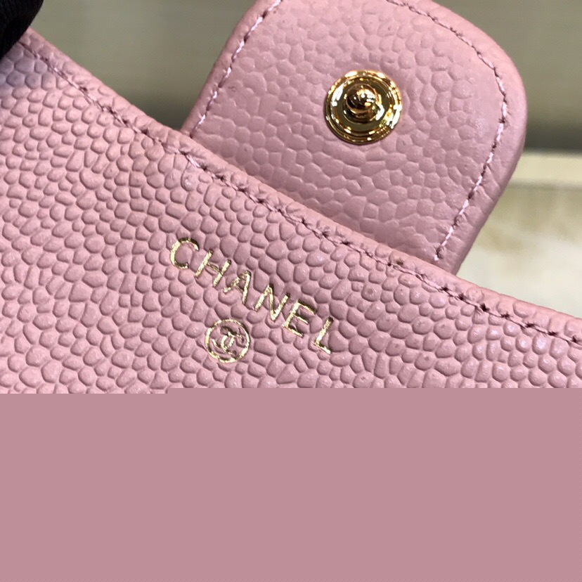 Ch**el Calfskin Leather Plain Folding Pink Wallets with Gold Hardware