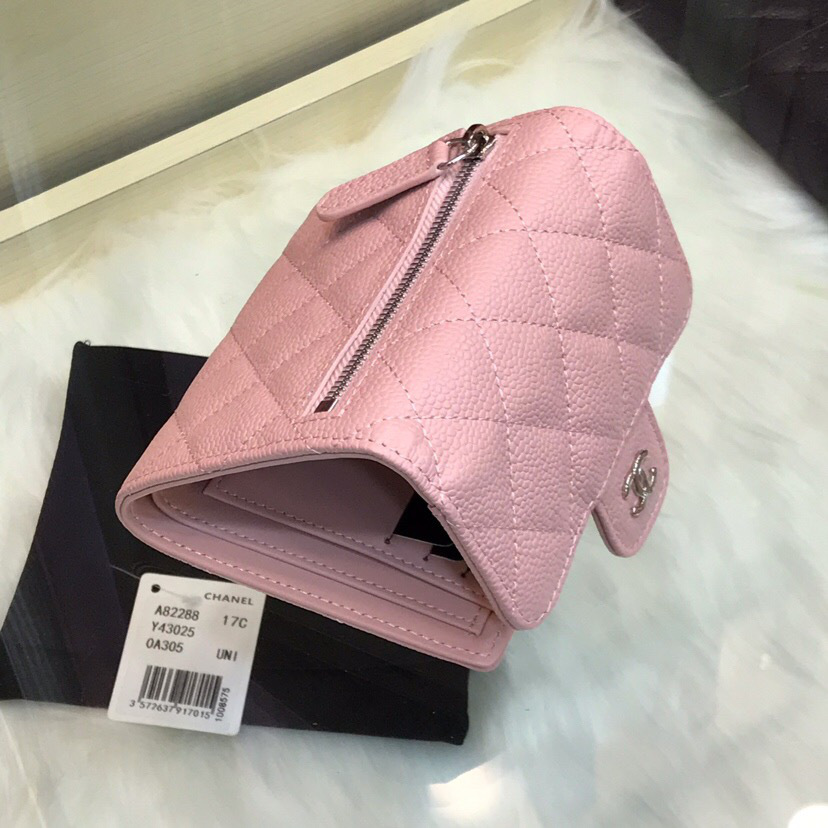 Ch**el Calfskin Leather Plain Folding Pink Wallets with Silver Hardware