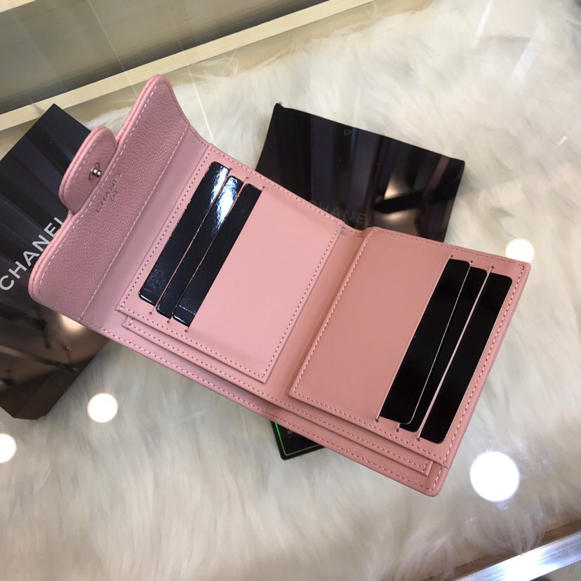 Ch**el Calfskin Leather Plain Folding Pink Wallets with Silver Hardware