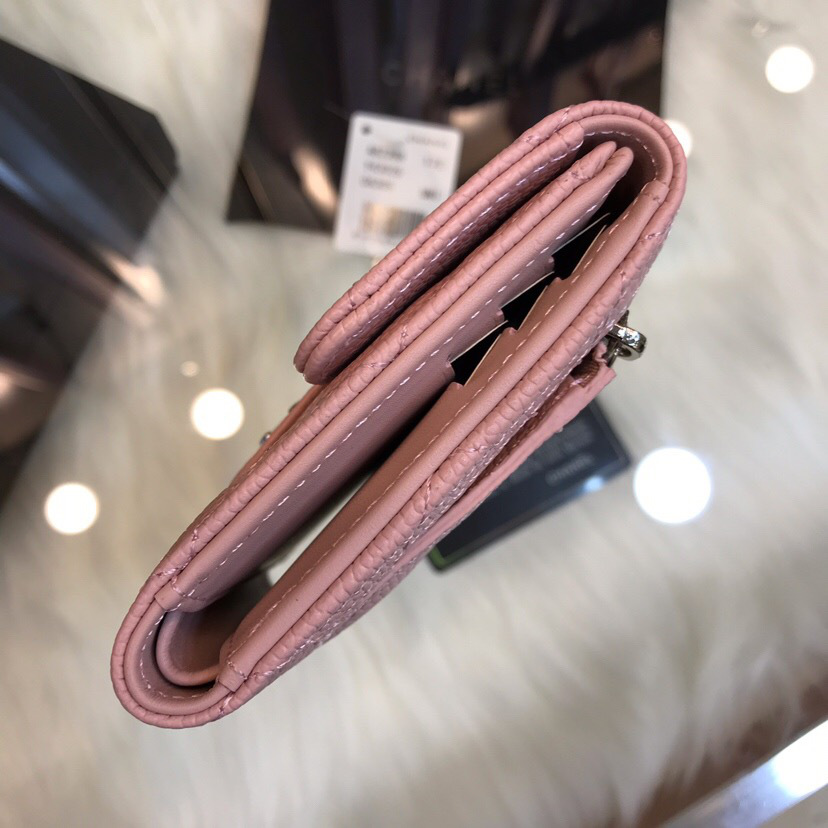 Ch**el Calfskin Leather Plain Folding Pink Wallets with Silver Hardware