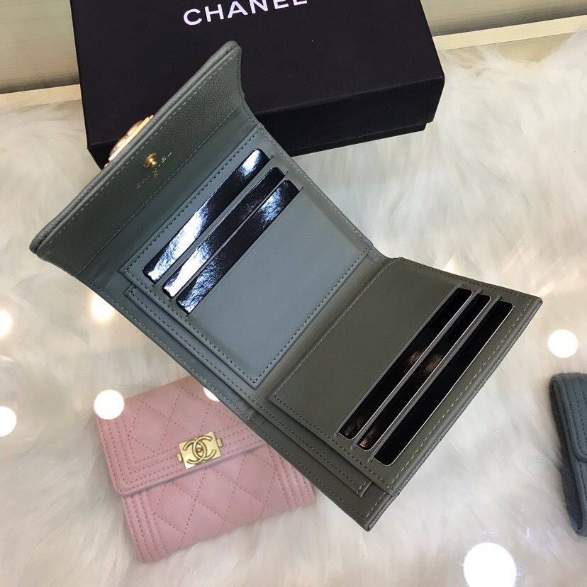 Ch**el Lebay Calfskin Leather Plain Folding Gray Wallets