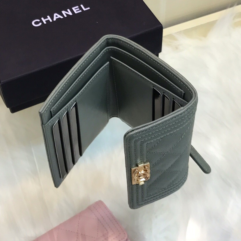 Ch**el Lebay Calfskin Leather Plain Folding Gray Wallets