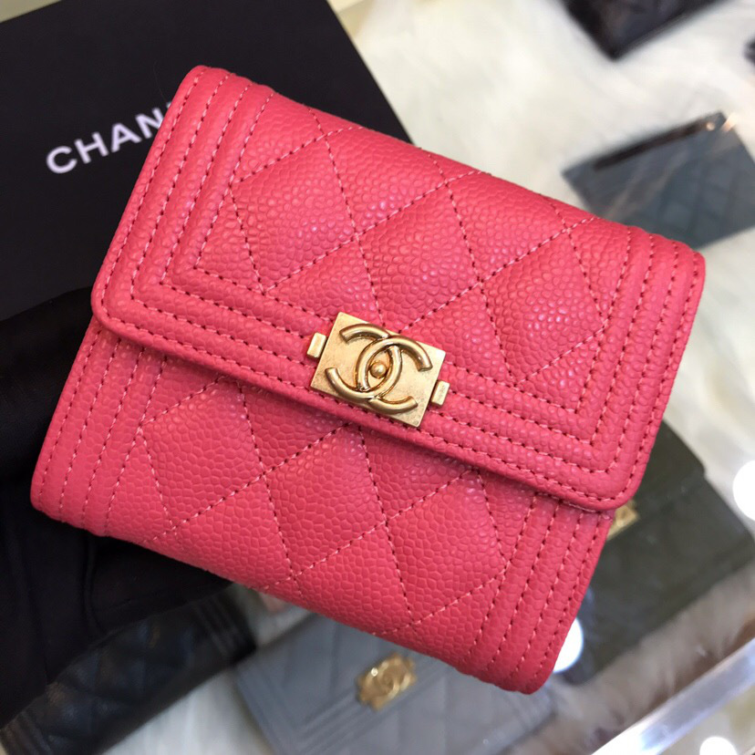 Ch**el Lebay Calfskin Leather Plain Folding Rose Red Wallets