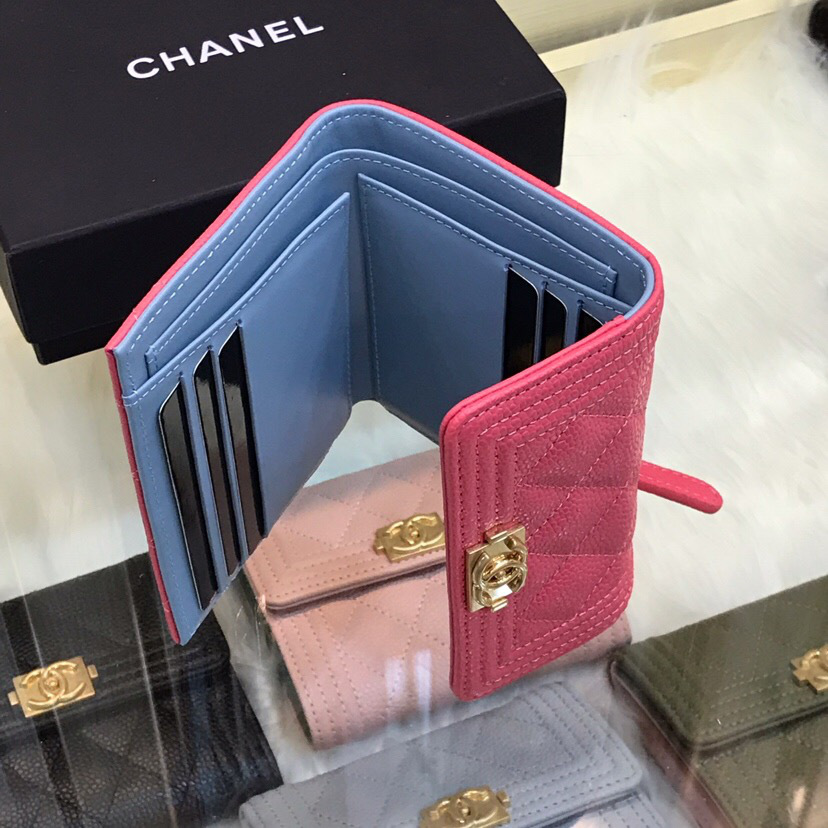 Ch**el Lebay Calfskin Leather Plain Folding Rose Red Wallets