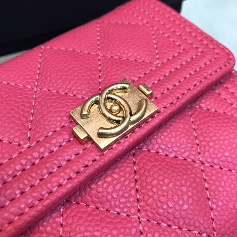 Ch**el Lebay Calfskin Leather Plain Folding Rose Red Wallets