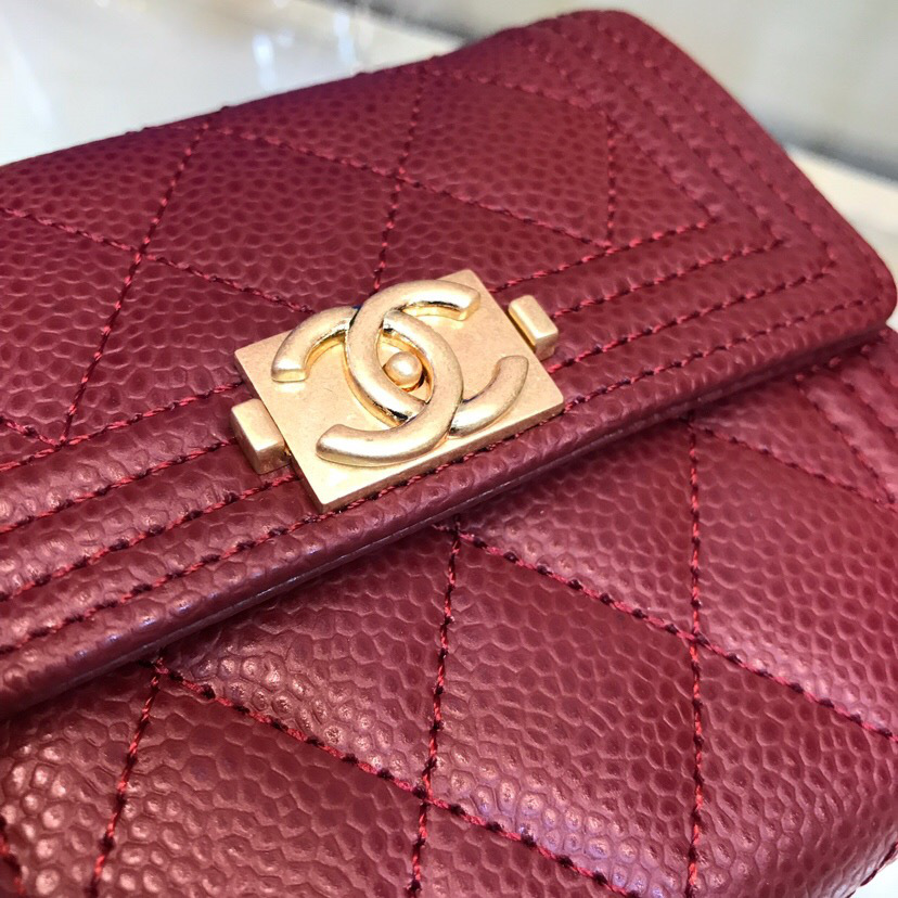 Ch**el Lebay Calfskin Leather Plain Folding Red Wallets