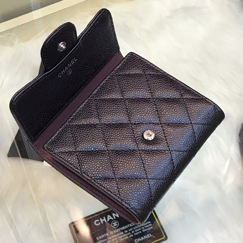Ch**el Calfskin Leather Plain Folding Black Wallets with Silver Hardware