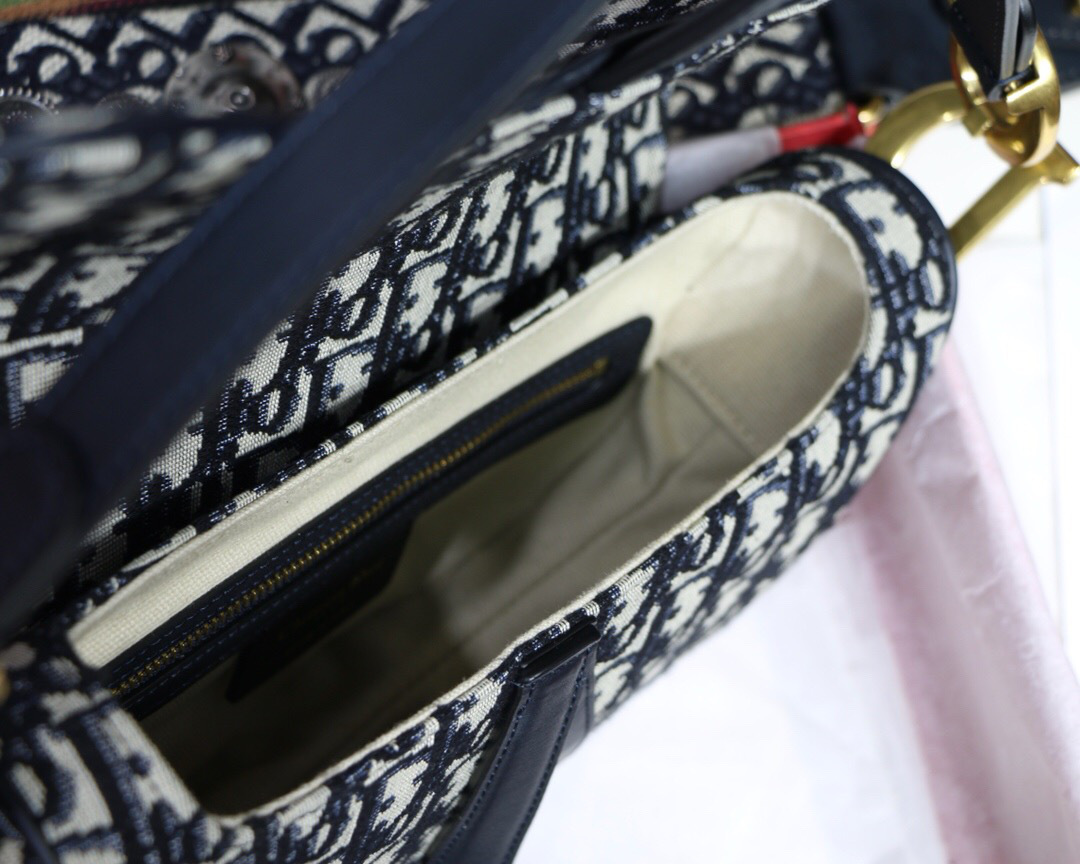 D10r Oblique Jacquard Canvas Calfskin leather Saddle Large Bag in Blue