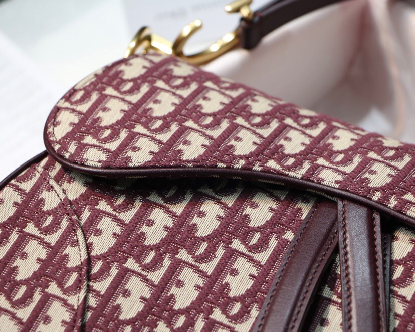 D10r Oblique Jacquard Canvas Calfskin leather Saddle Large Bag in Wine Red