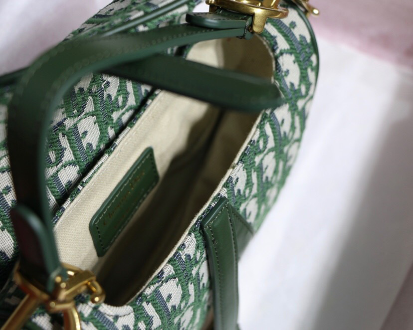 D10r Oblique Jacquard Canvas Calfskin leather Saddle Small Bag in Green