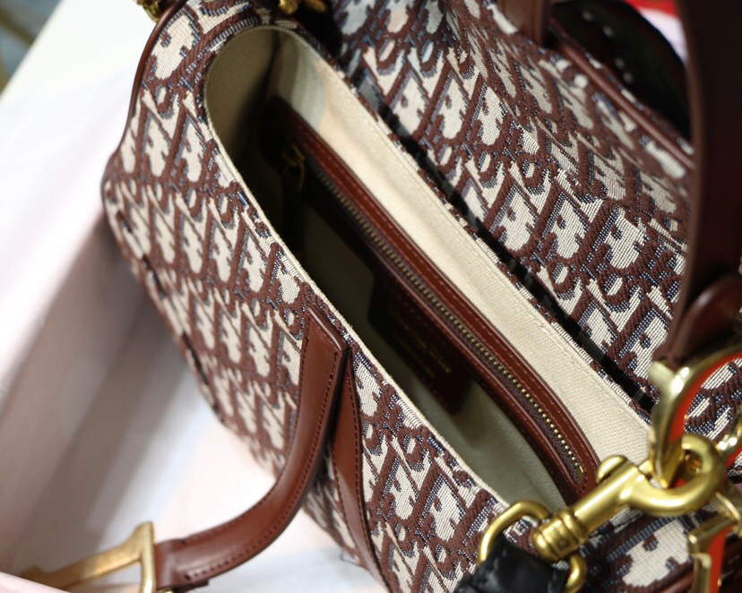 D10r Oblique Jacquard Canvas Calfskin leather Saddle Large Bag in Brown