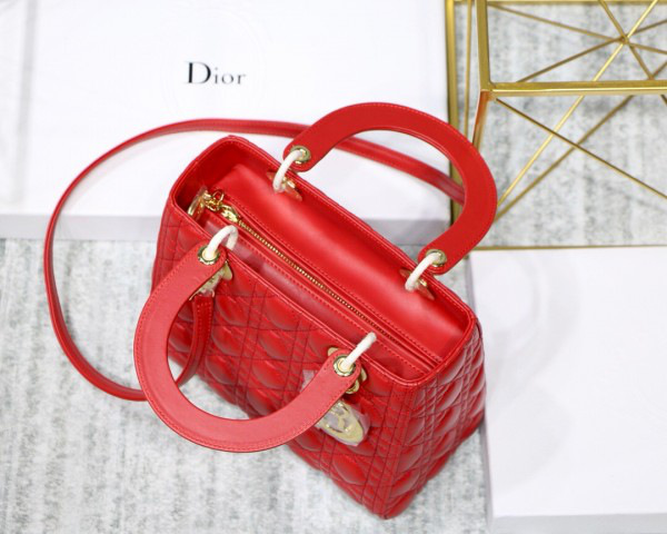 D10r Lady Red Handbag With Gold Hardware 24CM