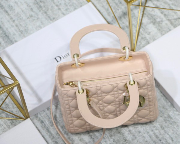 D10r Lady Light Pink Handbag With Gold Hardware 24CM