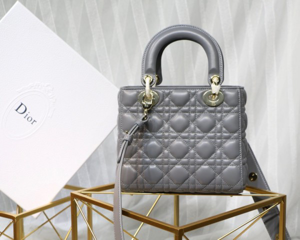 D10r Lady Lambskin Gray Handbag with Gold Hardware 20CM