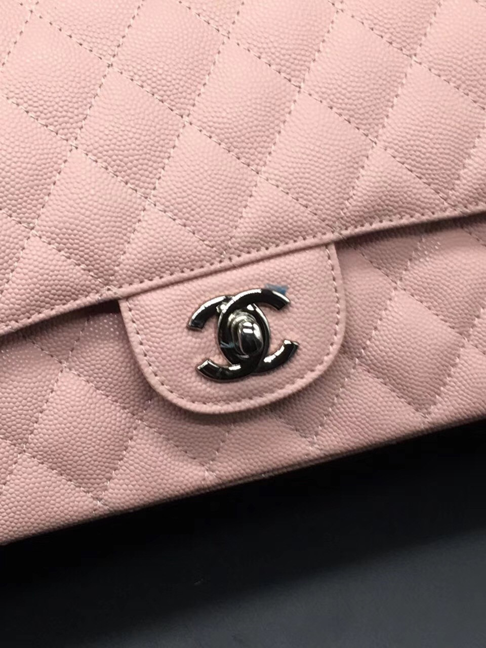 Ch**el Flap Bag Caviar in Pink 25cm with Silver Hardware