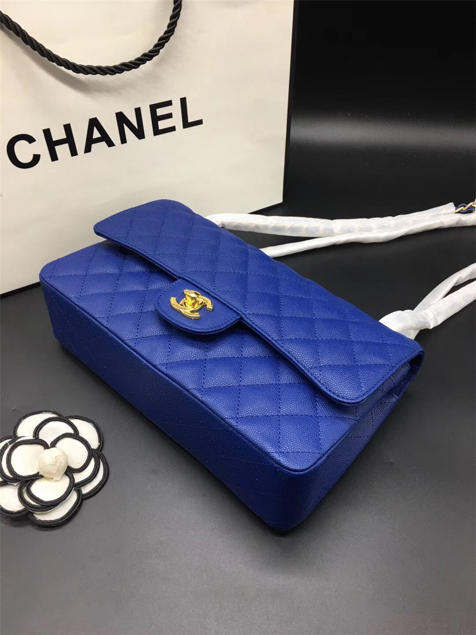 Ch**el Flap Bag Caviar in Blue 25cm with Gold Hardware