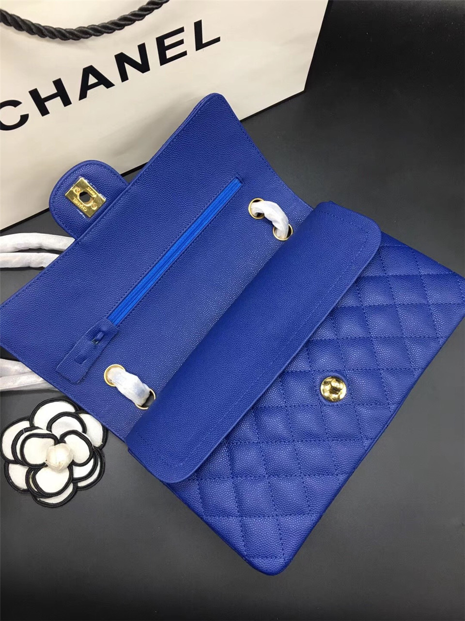 Ch**el Flap Bag Caviar in Blue 25cm with Gold Hardware