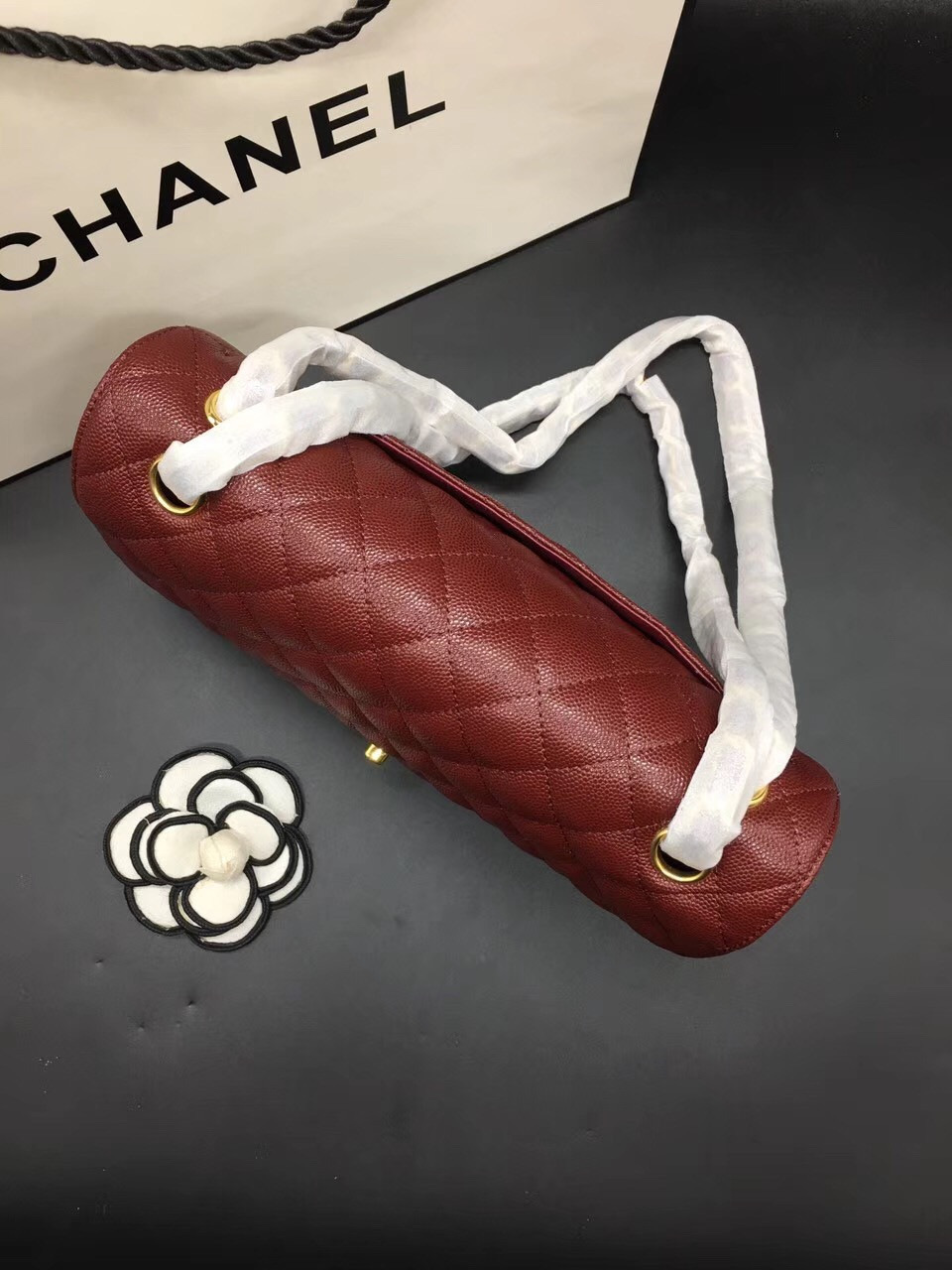 Ch**el Flap Bag Caviar in Maroon Red 25cm with Gold Hardware