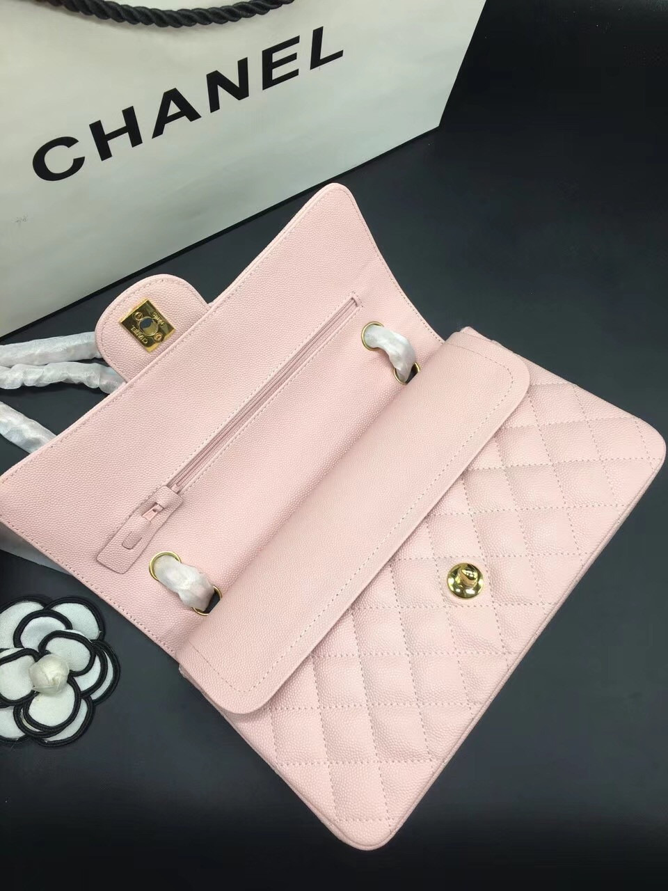 Ch**el Flap Bag Caviar in Pink 25cm with Gold Hardware