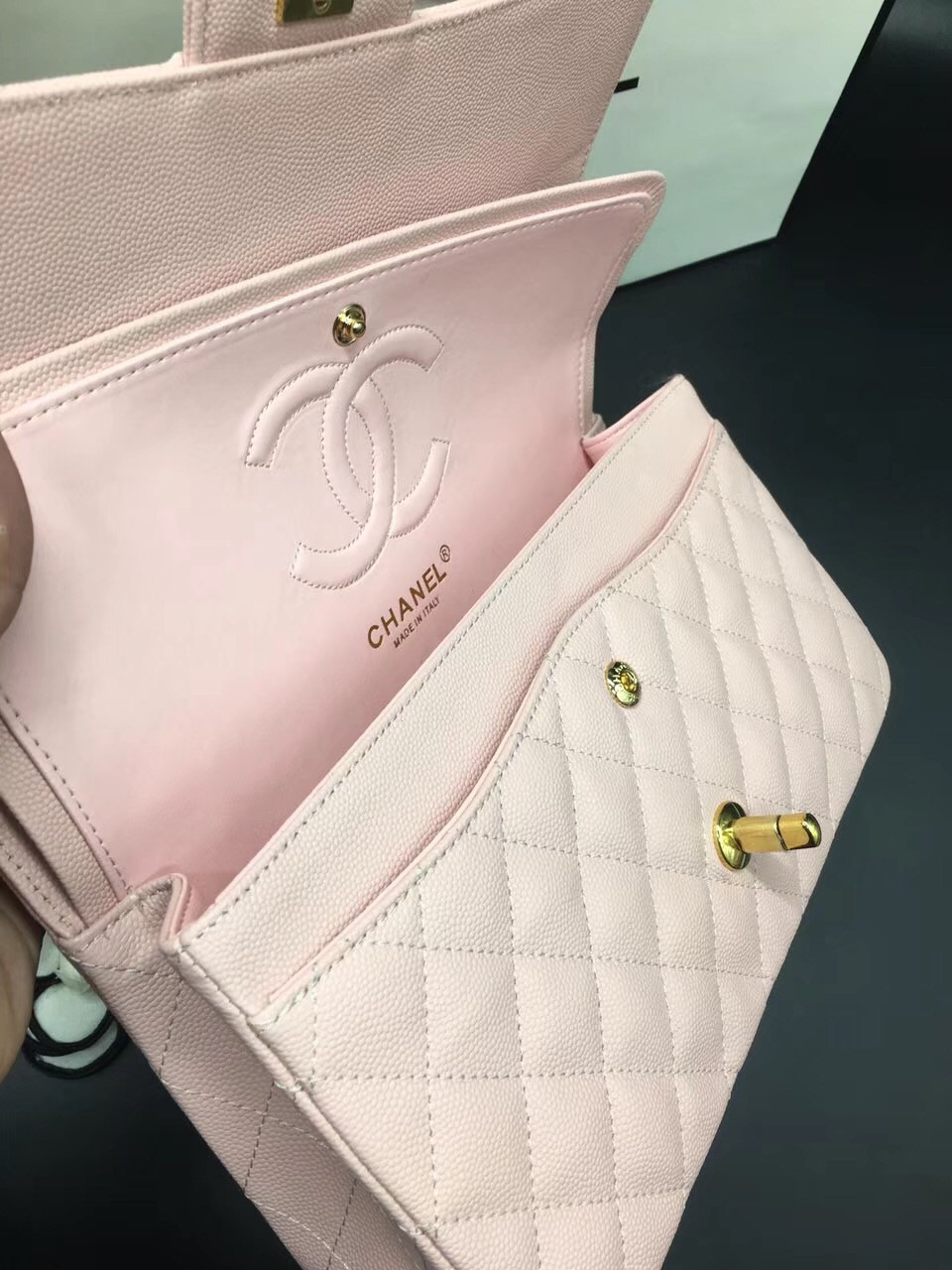 Ch**el Flap Bag Caviar in Pink 25cm with Gold Hardware