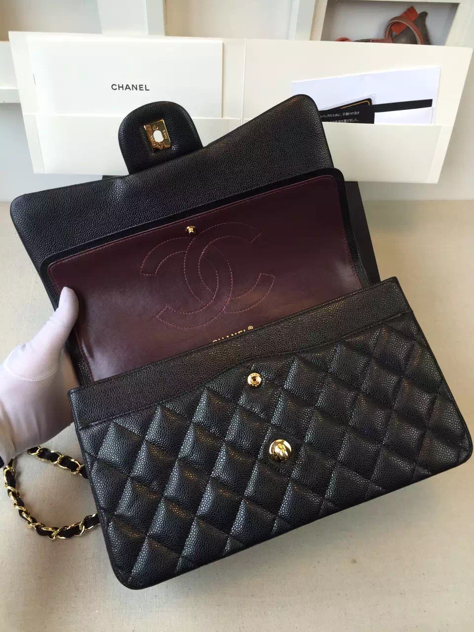 Ch**el Flap Bag Caviar in Black 30cm with Gold Hardware