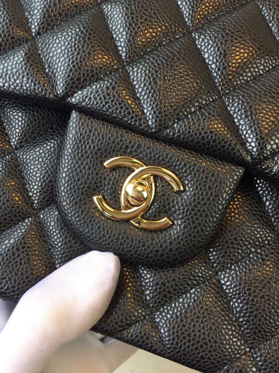 Ch**el Flap Bag Caviar in Black 30cm with Gold Hardware