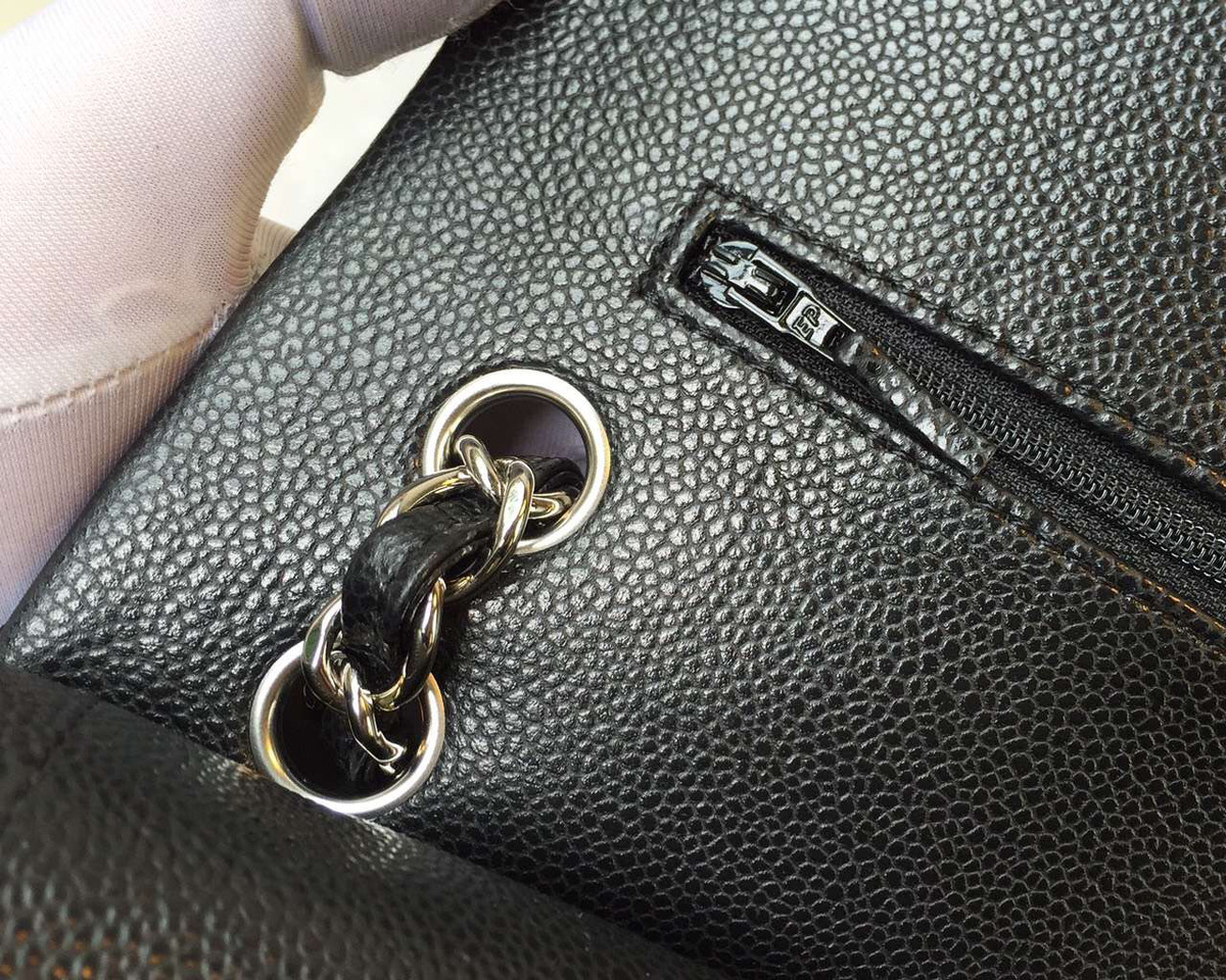 Ch**el Flap Bag Caviar in Black 30cm with Silver Hardware