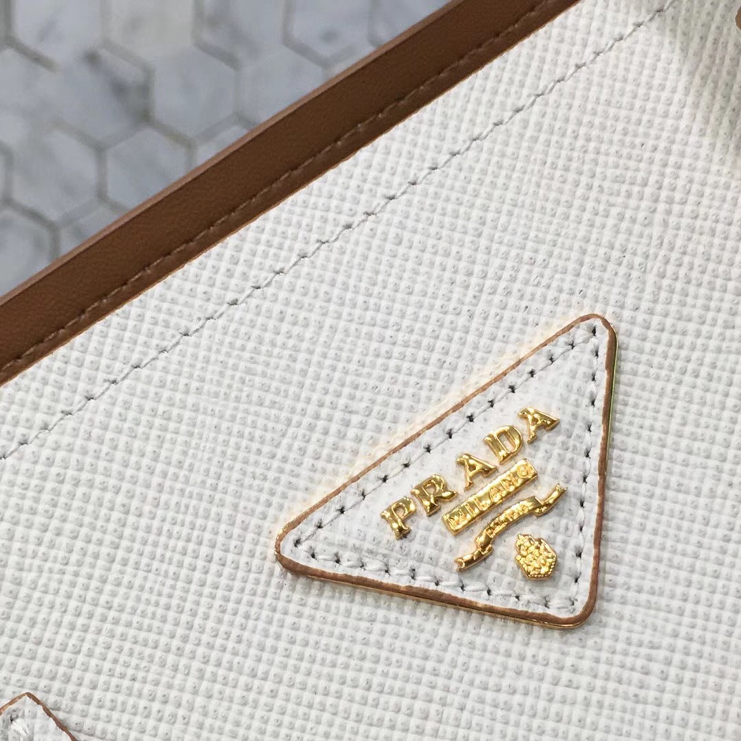 Pra*a Saffiano Cuir Small Double Leather Bag in White with Brown